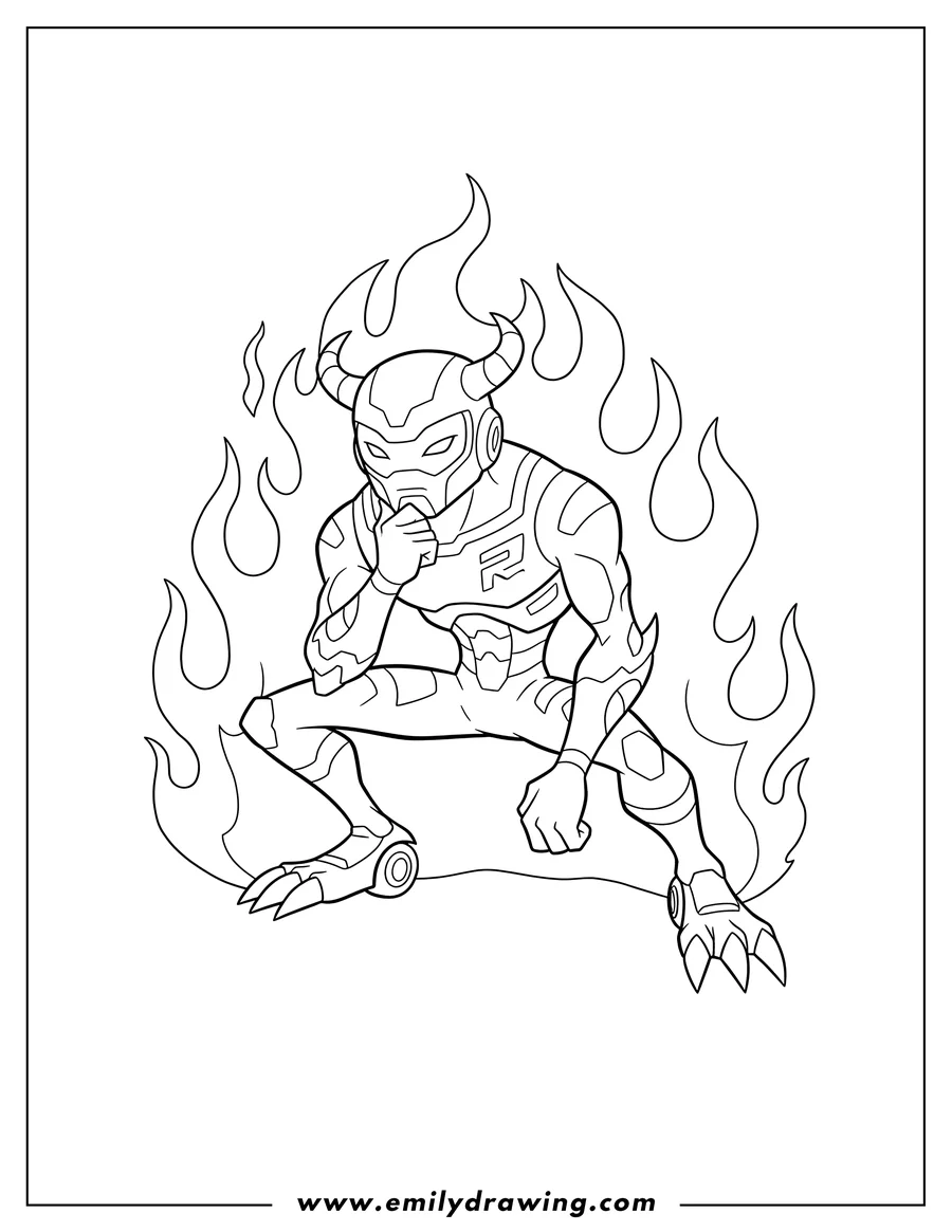 PDF style coloring page: ben 10 Xlr8 crouching with hand on chin surrounded by flames
