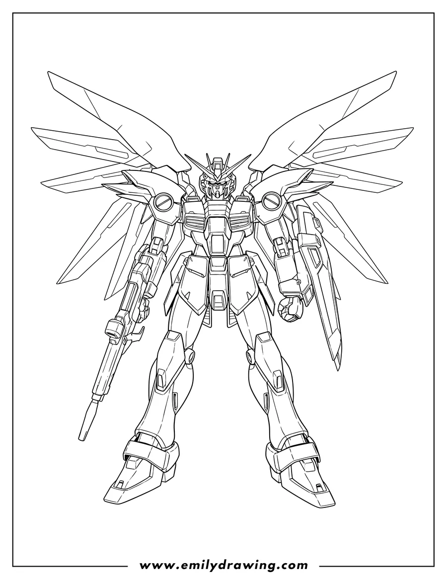 Coloring sheet featuring xxxg 01W Wing Gundam standing with large wings
