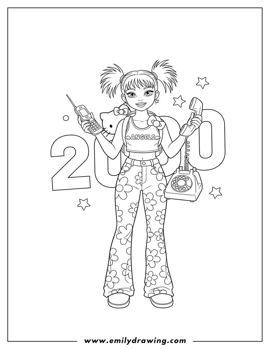 Downloadable coloring page of Y2K Fashion with floral jeans, an 'Angels' tank top, a Hello Kitty backpack, and old-school gadgets including a flip phone and rotary phone