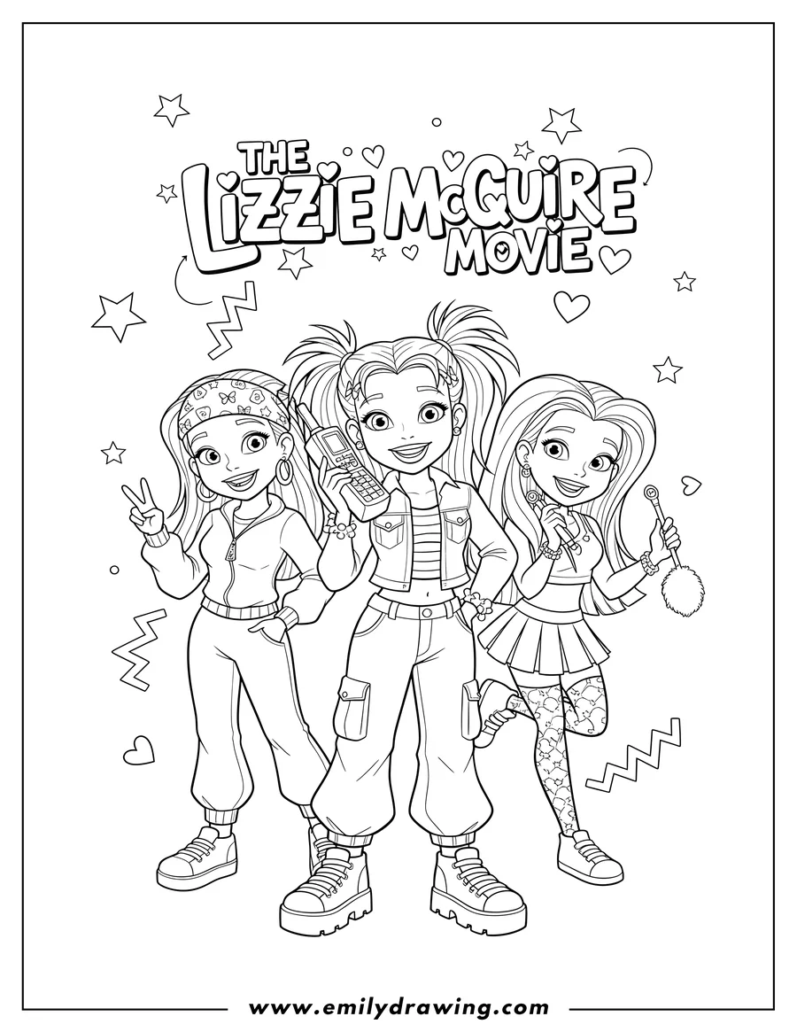 Free to print drawing of Y2K Lizzie McGuire Aesthetic, with multiple Lizzies smiling and a title logo