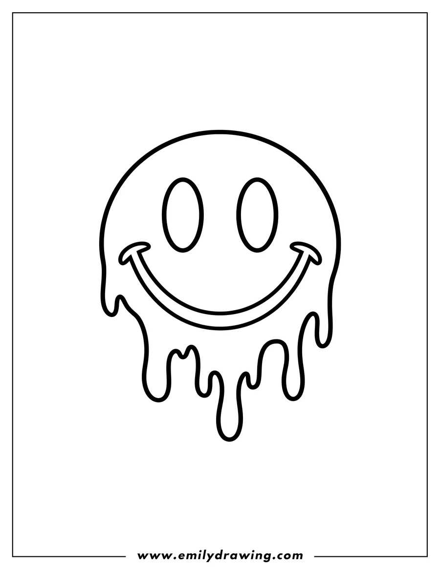 Linear illustration of Y2K Melting Smiley Face with oval eyes and a curved smile