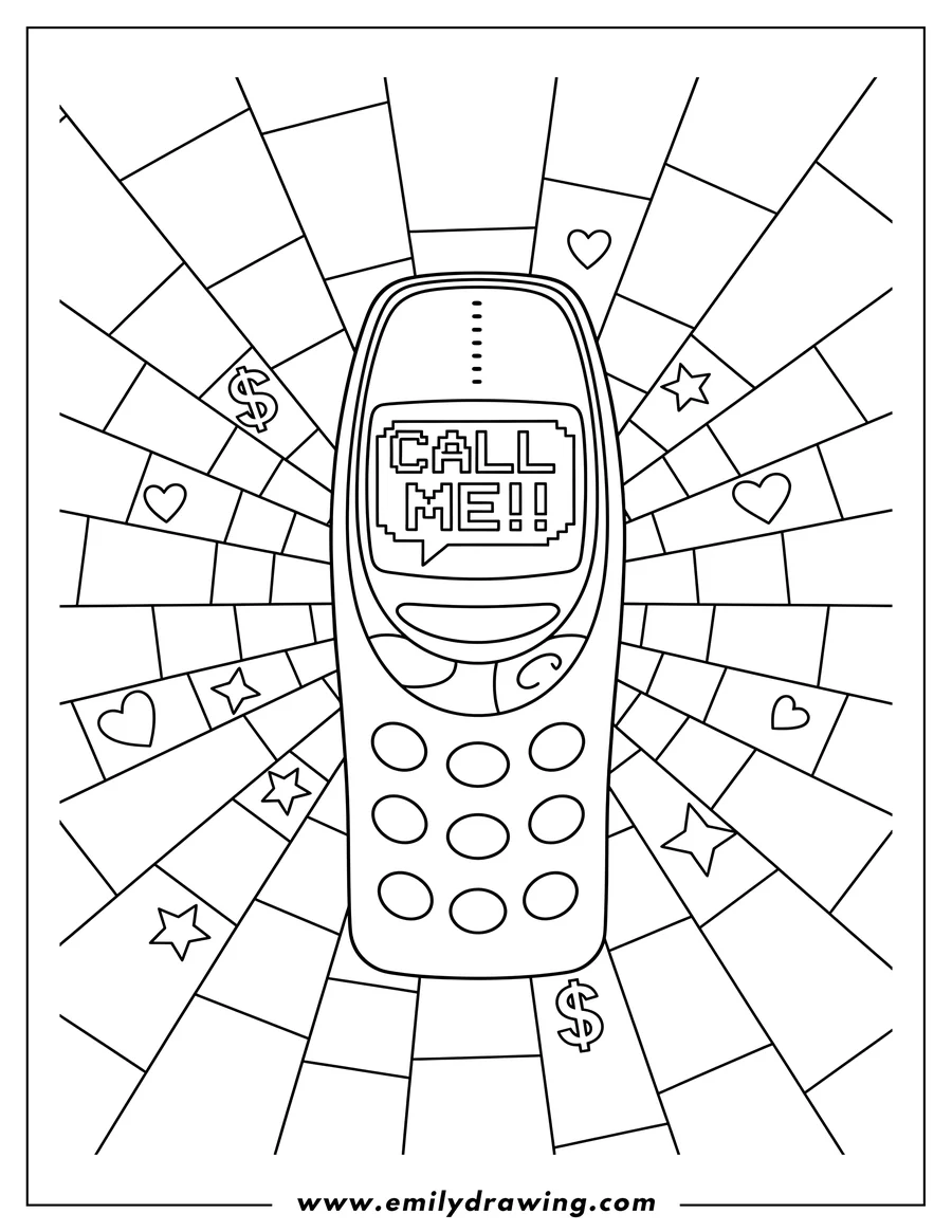 Clean line drawing: Y2K Nokia Phone with 'CALL ME!!' text and Pixelated Background