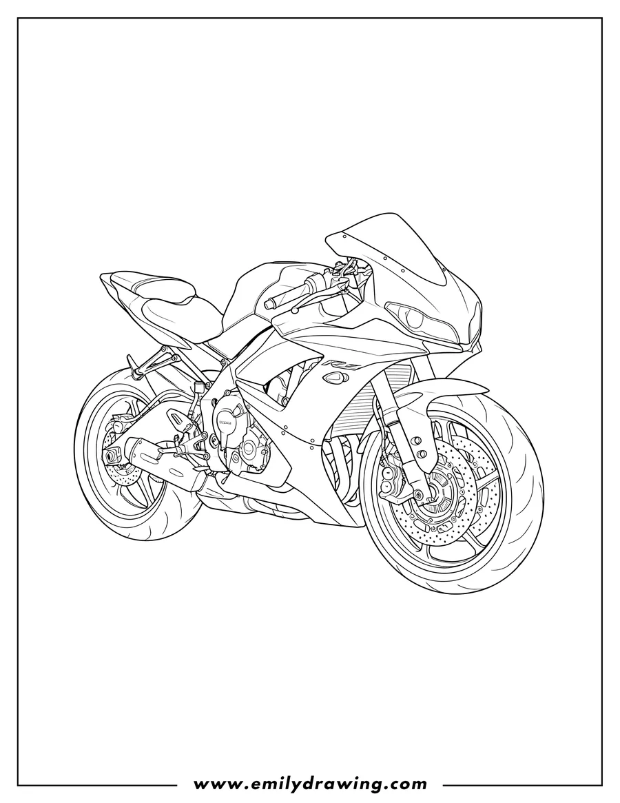 Doodle style coloring picture of yamaha sportbike motorcycle parked on a kickstand, coloring page