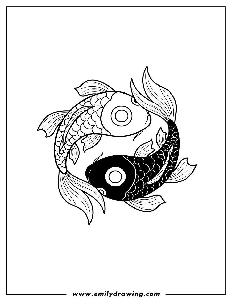 Doodle style coloring picture of yin And Yang Koi Fish, swimming in a circle, head-to-tail