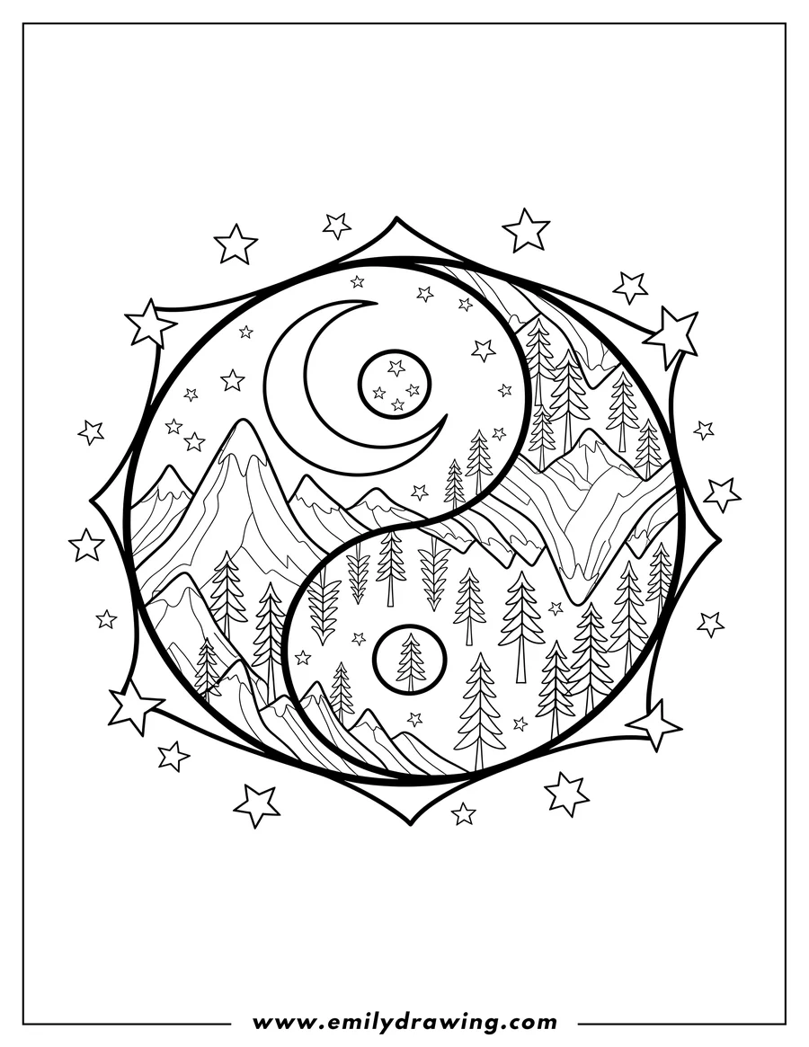 Downloadable coloring page of yin And Yang Starry Scene With Mountains, a crescent moon, pine trees, and two inner circles