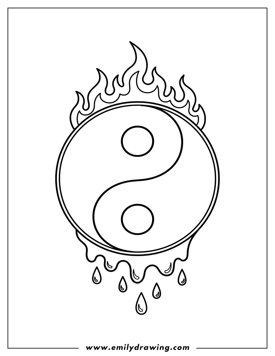 Simple sketch of yin and Yang symbol with flames on top and water dripping from the bottom, for preschoolers to color