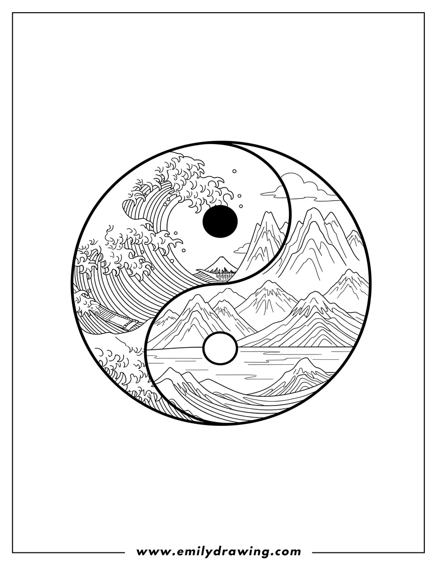 Free to print drawing of yin And Yang With Japanese Great Wave Hokusai and mountains