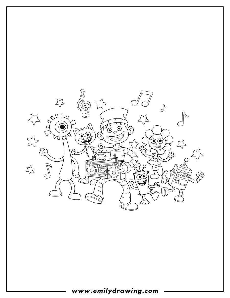 Free to print drawing of yo Gabba Gabba Tv Shows characters together with music notes and stars