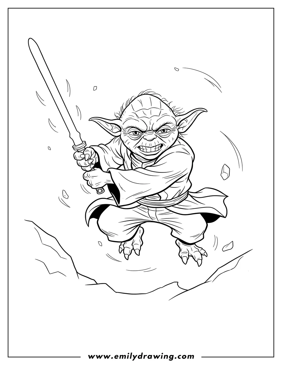 Outline drawing of yoda Fighting With Lightsaber, with a fierce expression