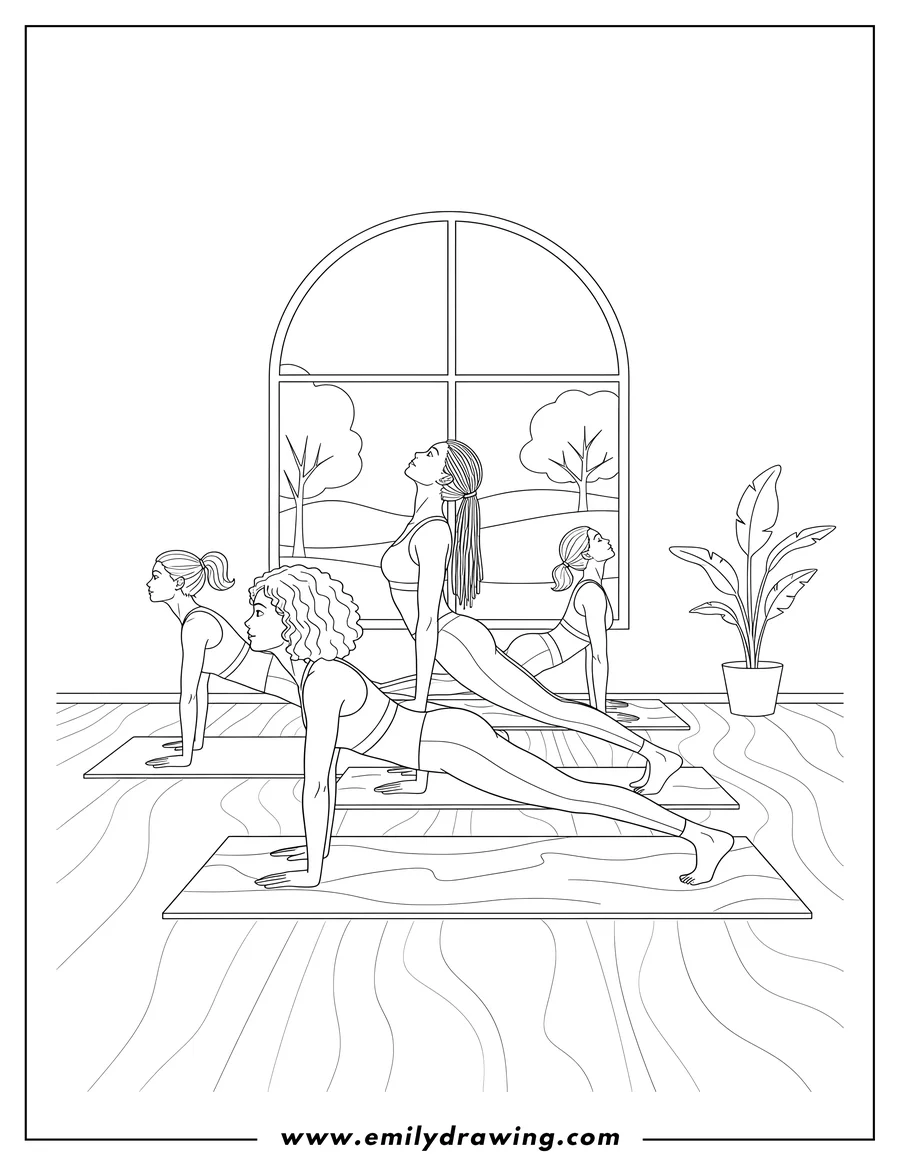 Simple sketch of yoga Class With Women in plank and upward-facing dog poses on yoga mats to color