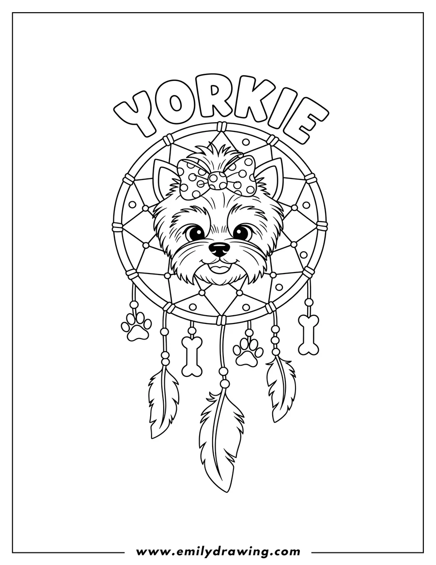Coloring page of yorkie Dreamcatcher with a bow on the Yorkie, the word YORKIE, paw prints, bones, and feathers