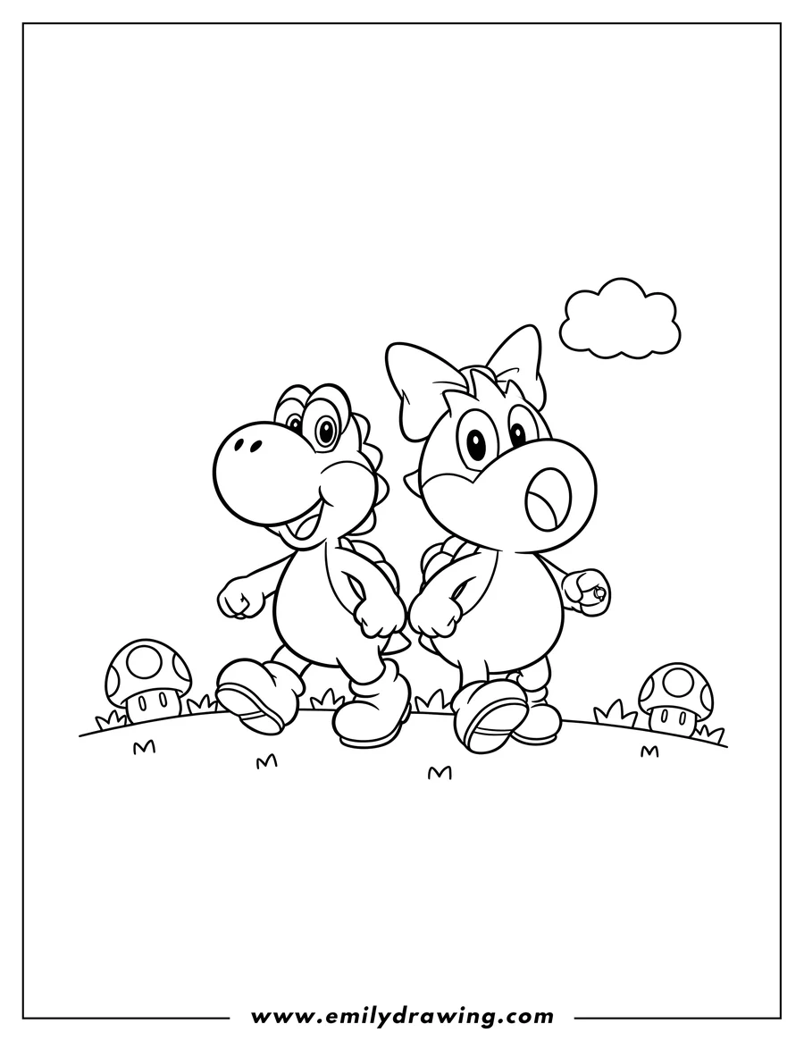Simple sketch of yoshi and Birdo walking side-by-side, Yoshi smiling to color