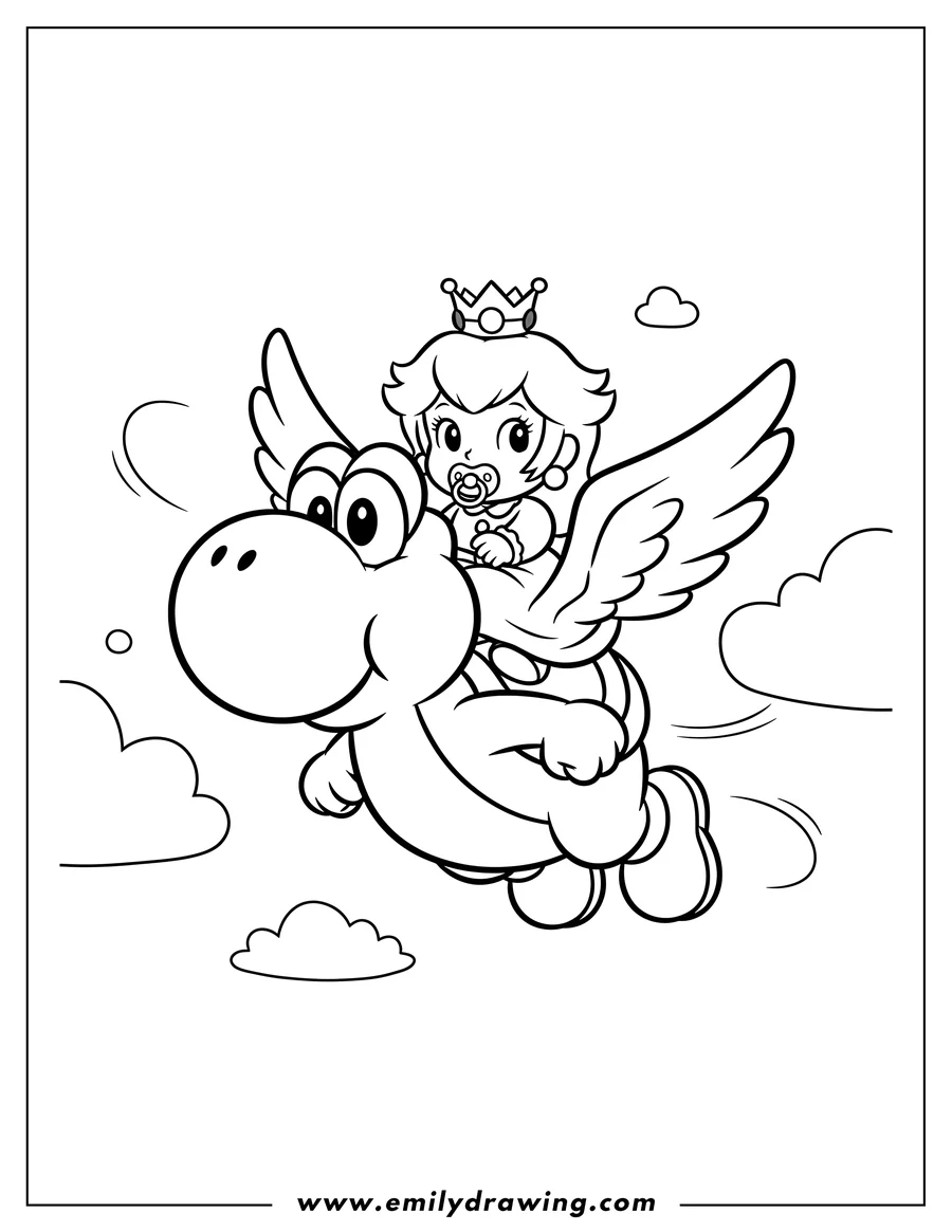Coloring page of yoshi flying with Baby Princess Peach wearing a crown and pacifier, riding on his back