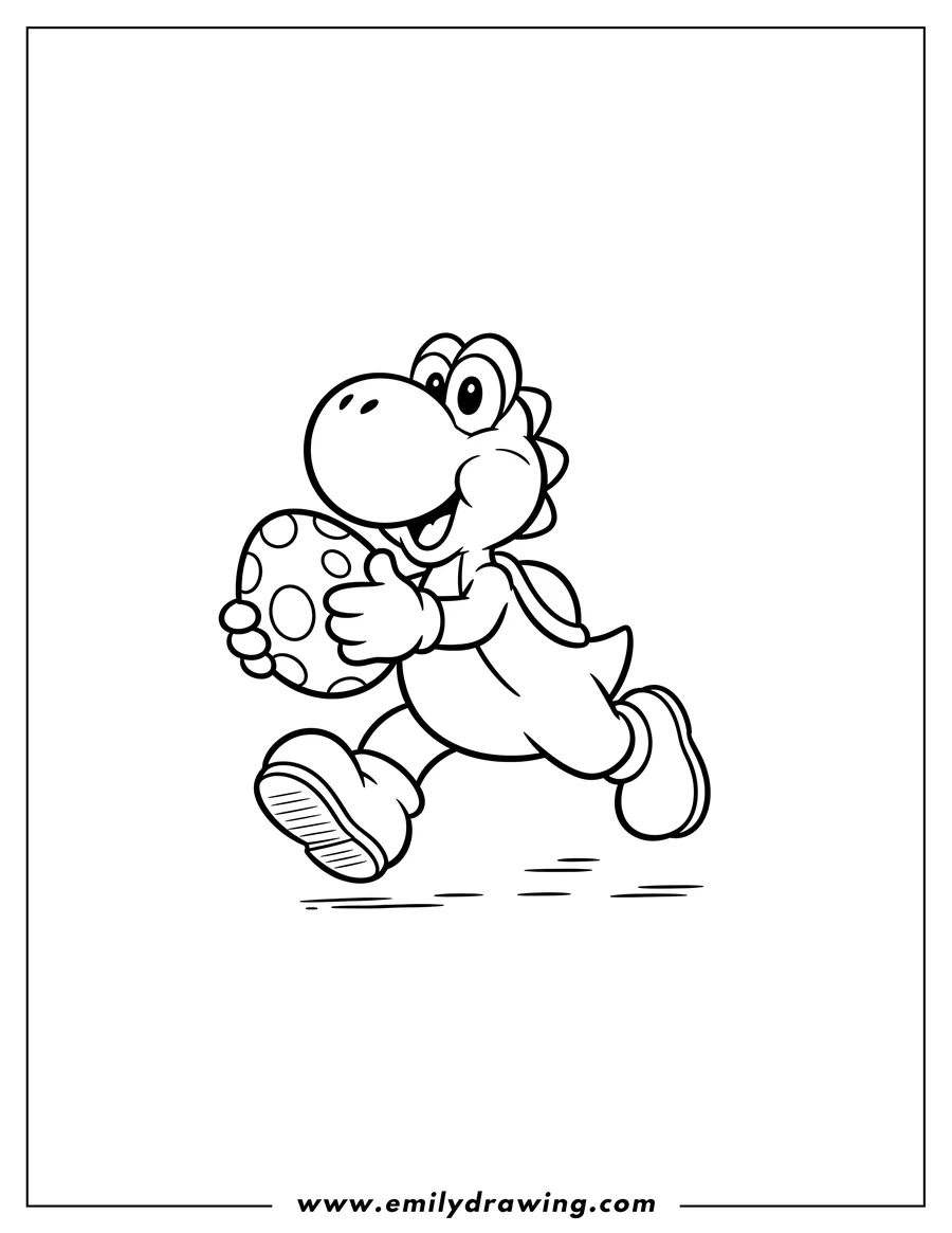 Downloadable coloring page of yoshi running with a spotted egg