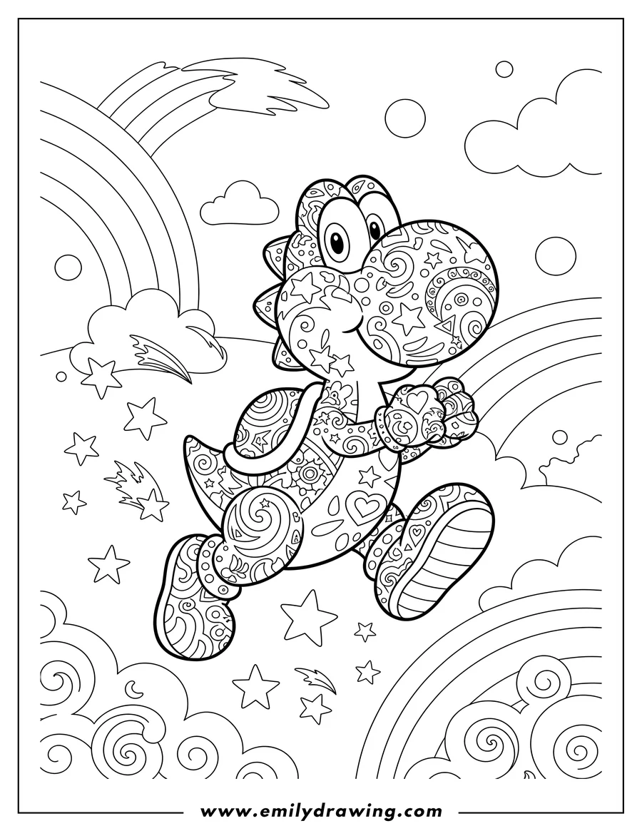 Doodle style coloring picture of lisa Frank Yoshi running with big eyes and one leg up