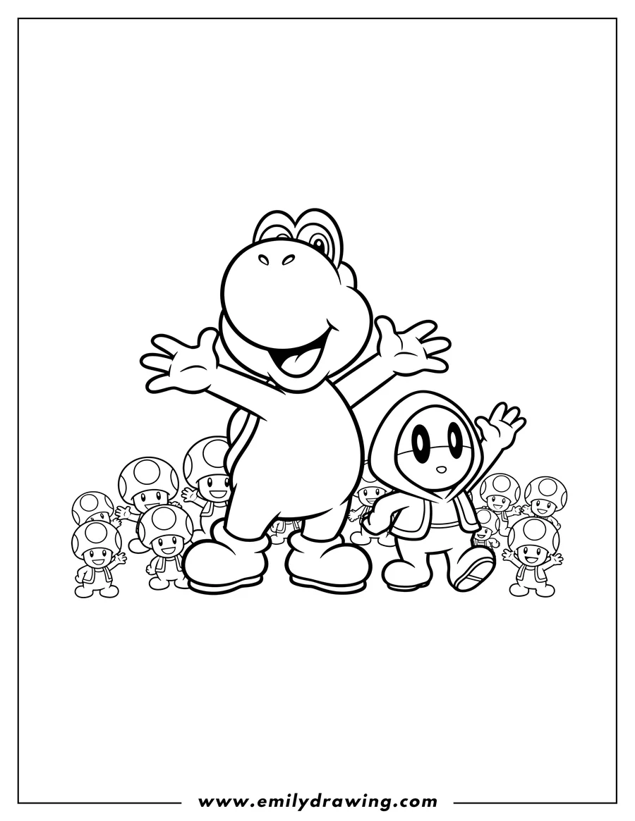 Coloring page for kids: yoshi smiling with open arms, and Shy Guy waving beside him, with Toads Background