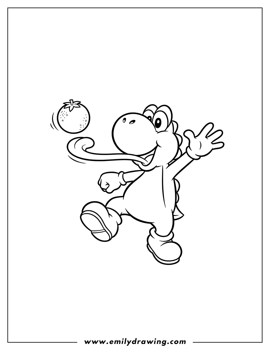 Linear illustration of yoshi with a long tongue extended to catch an orange, one arm raised