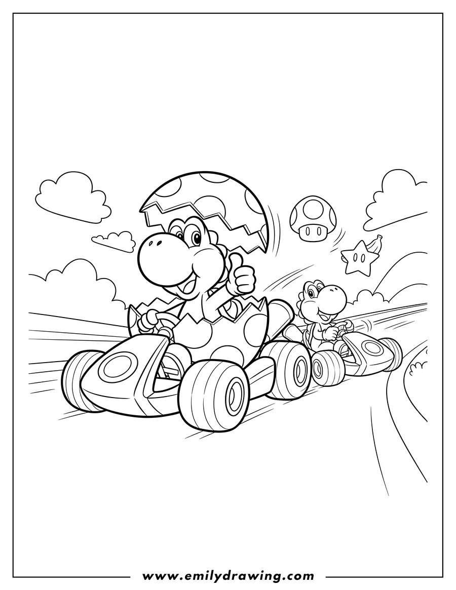 Free to print drawing of yoshis hatching from eggs, one giving a thumbs up, in a Mario Kart race