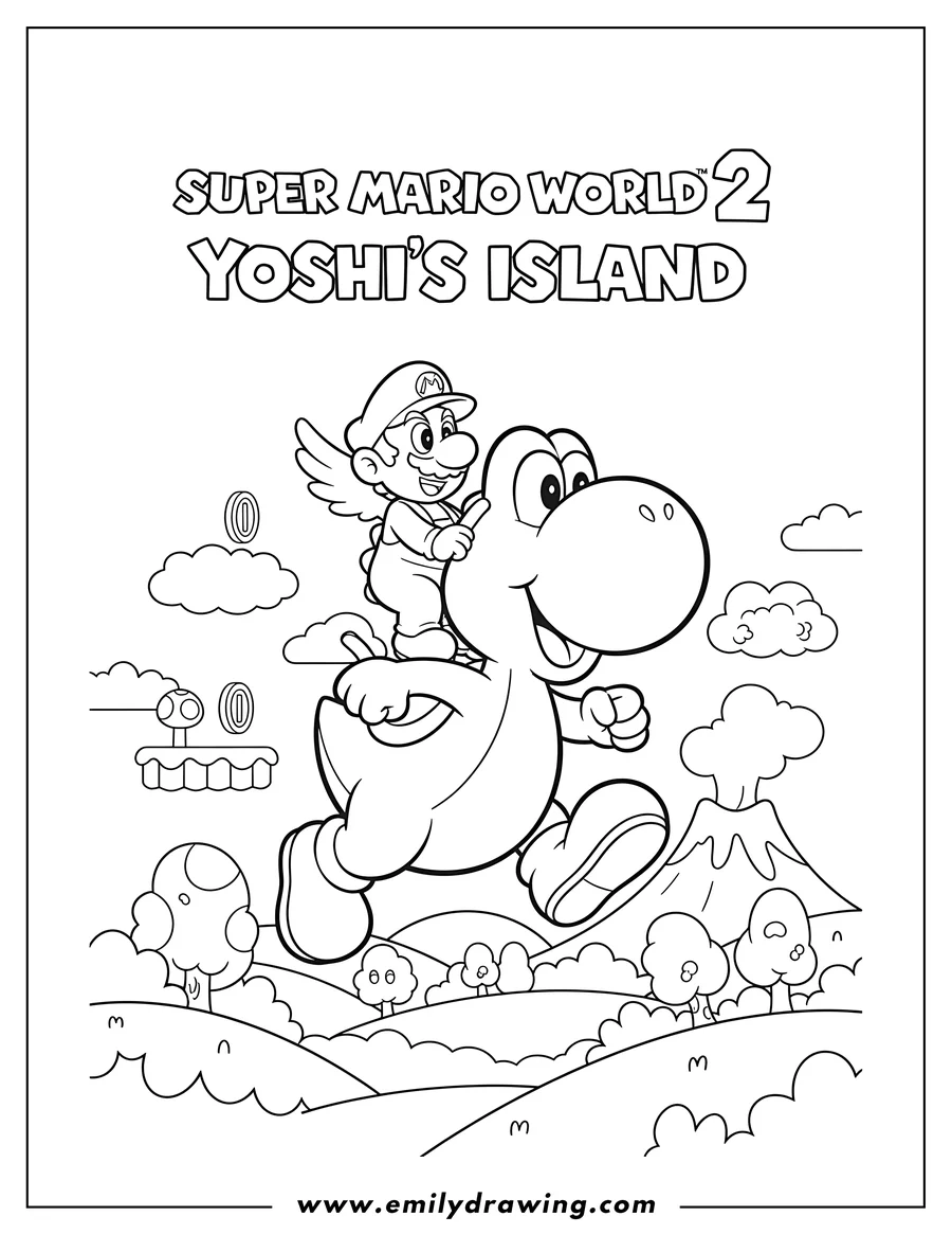 Printable coloring page of yoshi S Island Scaled, featuring the Super Mario World 2 logo and a stylized landscape with hills, trees, and a volcano