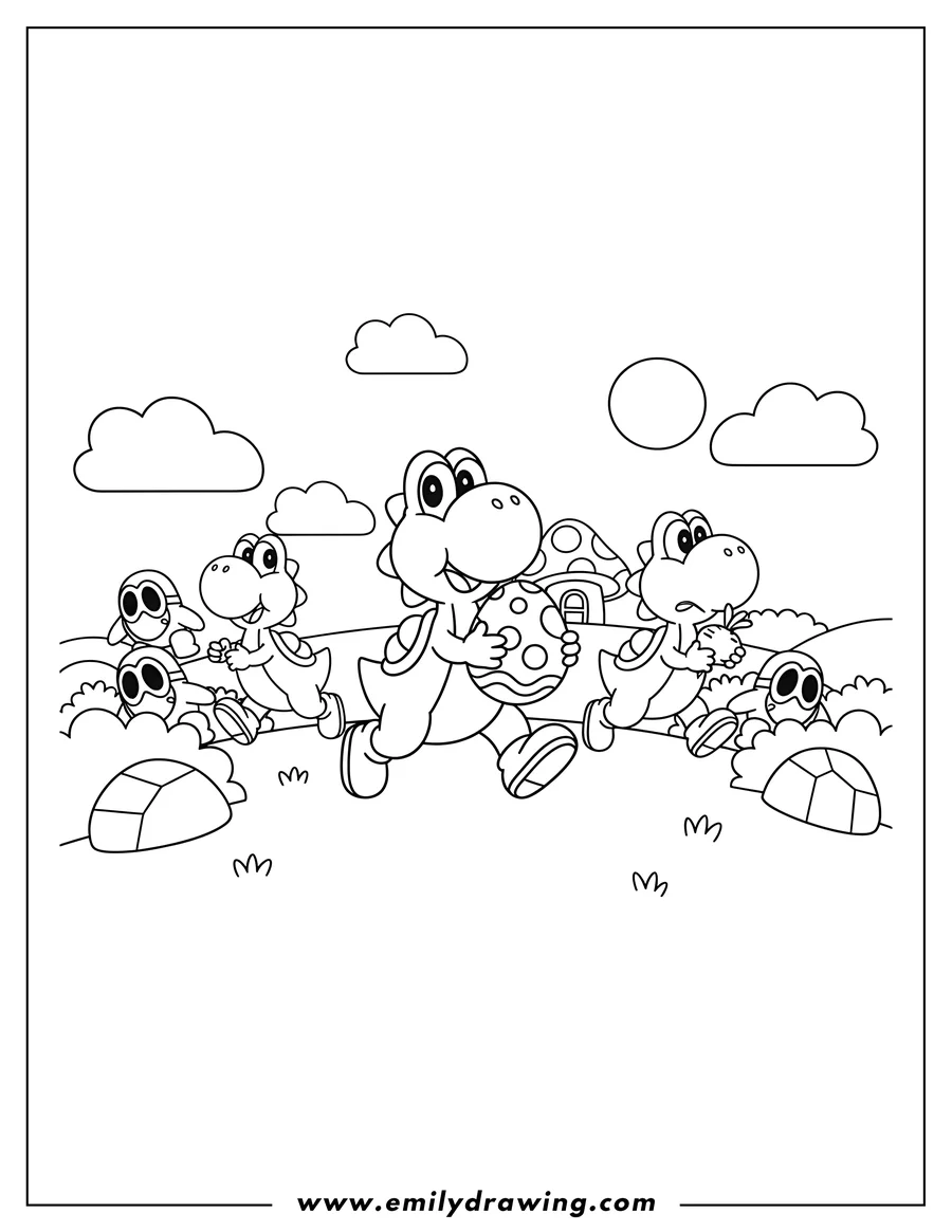 Outline drawing of yoshis running and holding an egg, with Shy Guys lurking