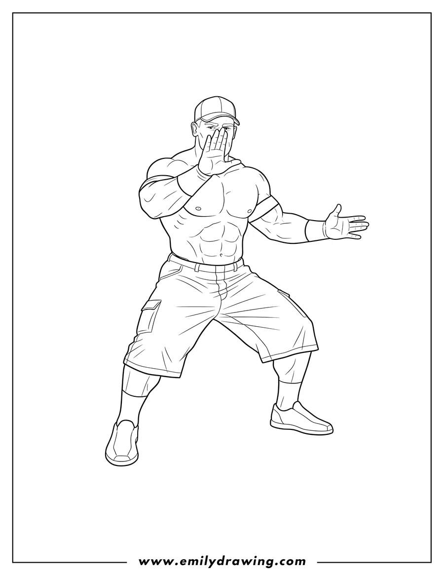Linear illustration of you Can T See Me Pose John Cena Outline, wearing his signature cap and armbands, with one open hand raised