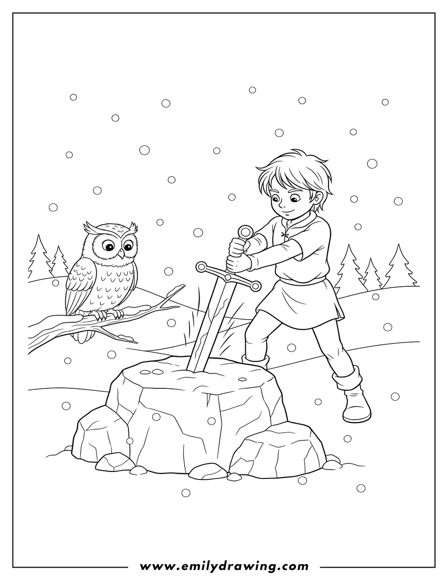 Printable coloring page of young Arthur pulling the Sword from the Stone, an owl watching in a snowy scene