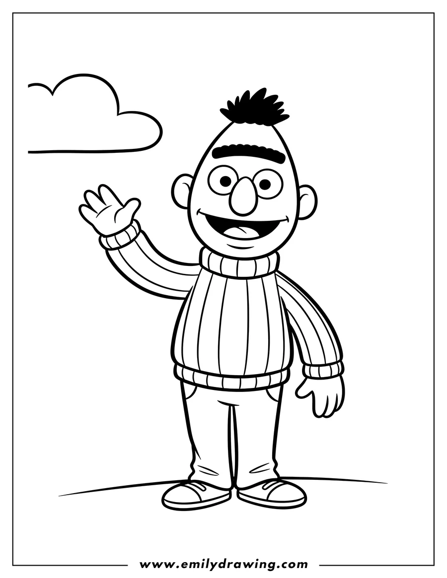 Linear illustration of young Bert smiling and waving, wearing a striped sweater