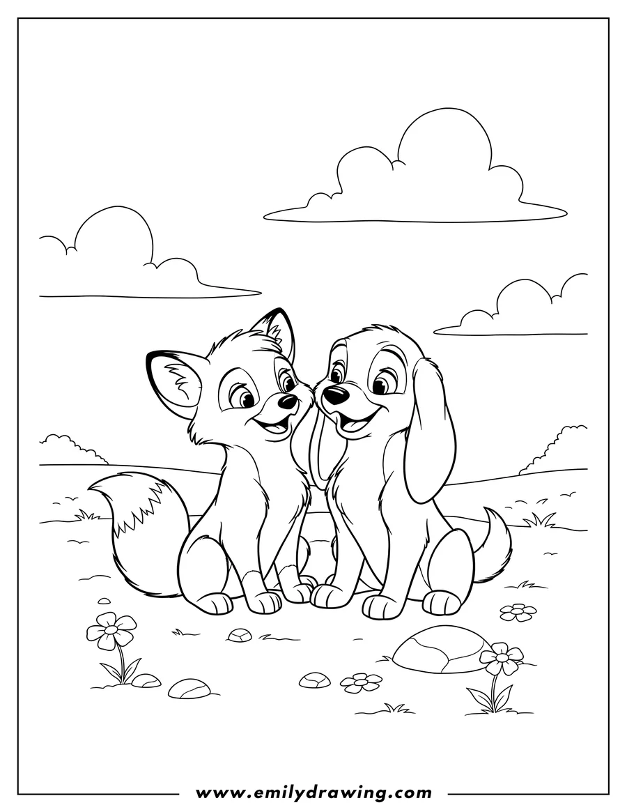 Black and white line art of young Copper And Tod sitting together and smiling