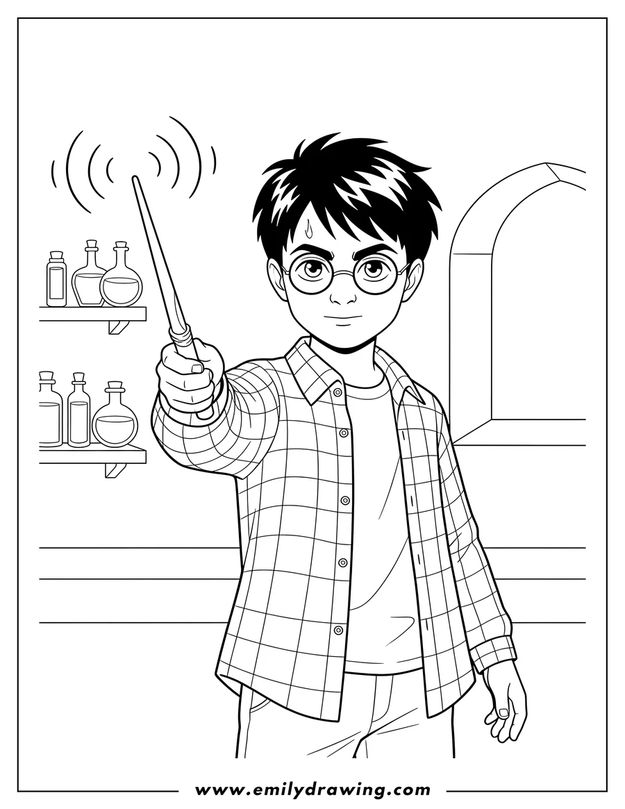 Vector style outline of young Harry Potter wearing glasses, in a plaid shirt, casting a spell with his wand
