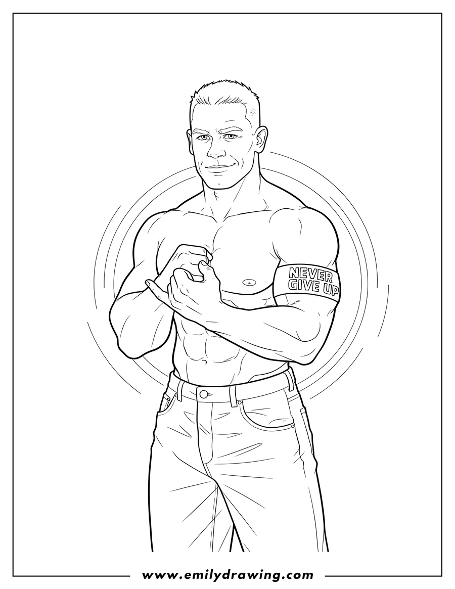 PDF style coloring page: young John Cena shirtless, in his 'You Can't See Me' pose, wearing jeans and a 'Never Give Up' armband