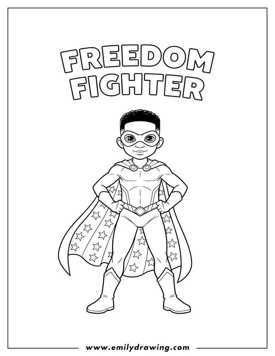 Linear illustration of young Juneteenth superhero boy with a cape, standing proudly with hands on hips, and 'FREEDOM FIGHTER' written above