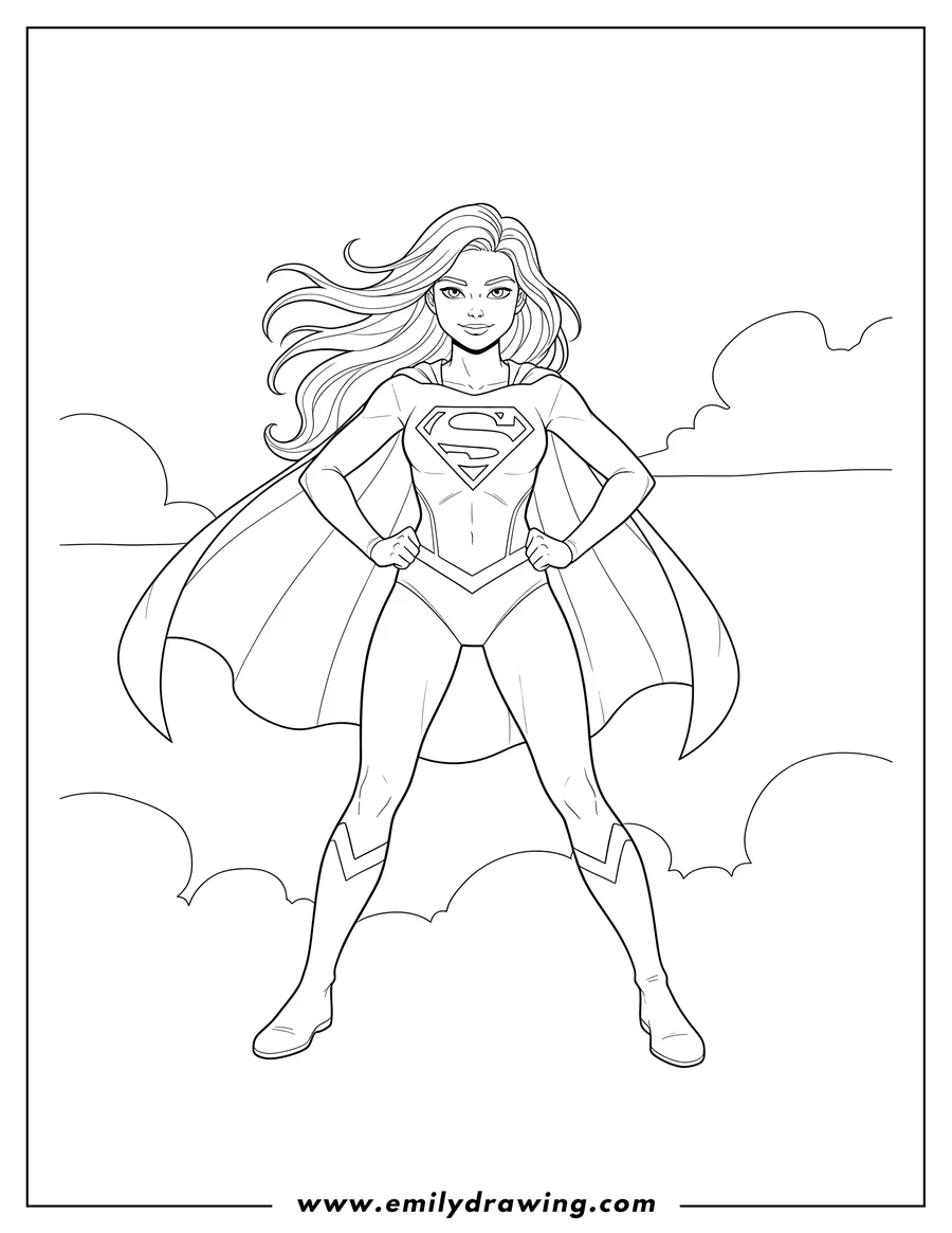 Simple sketch of young Kara Zor El Supergirl with flowing hair and cape, posing to color