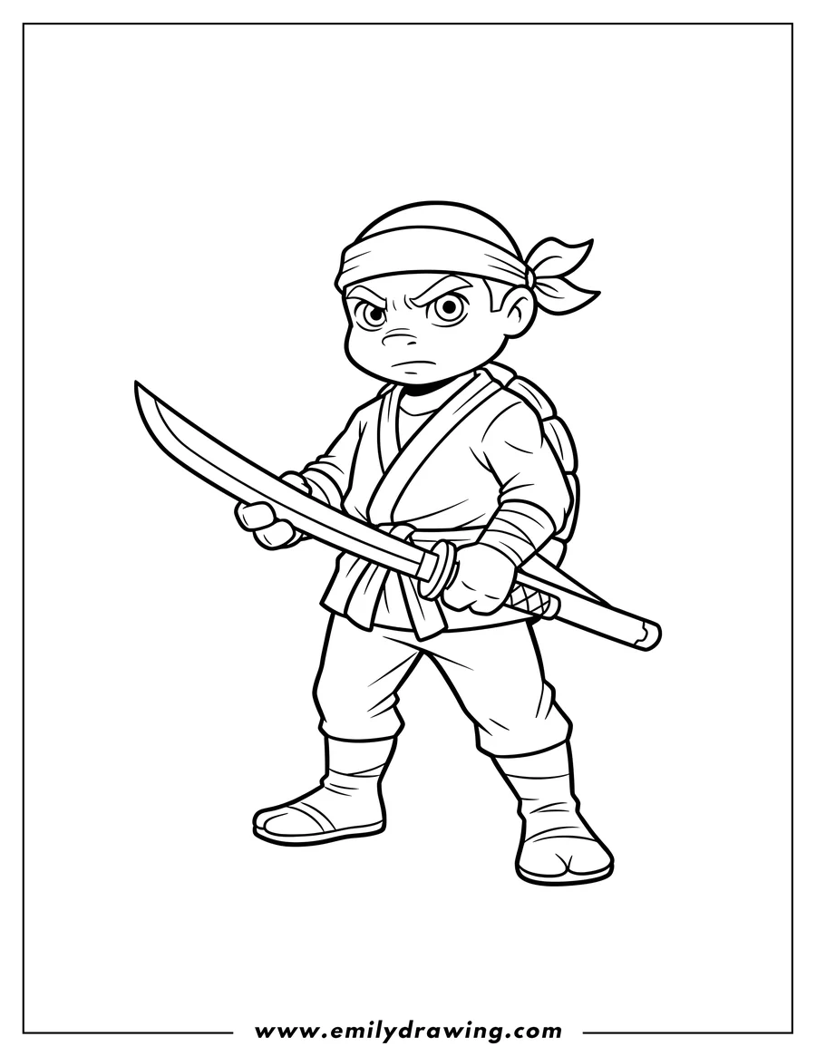 Clean line drawing: young Leonardo standing, holding a katana