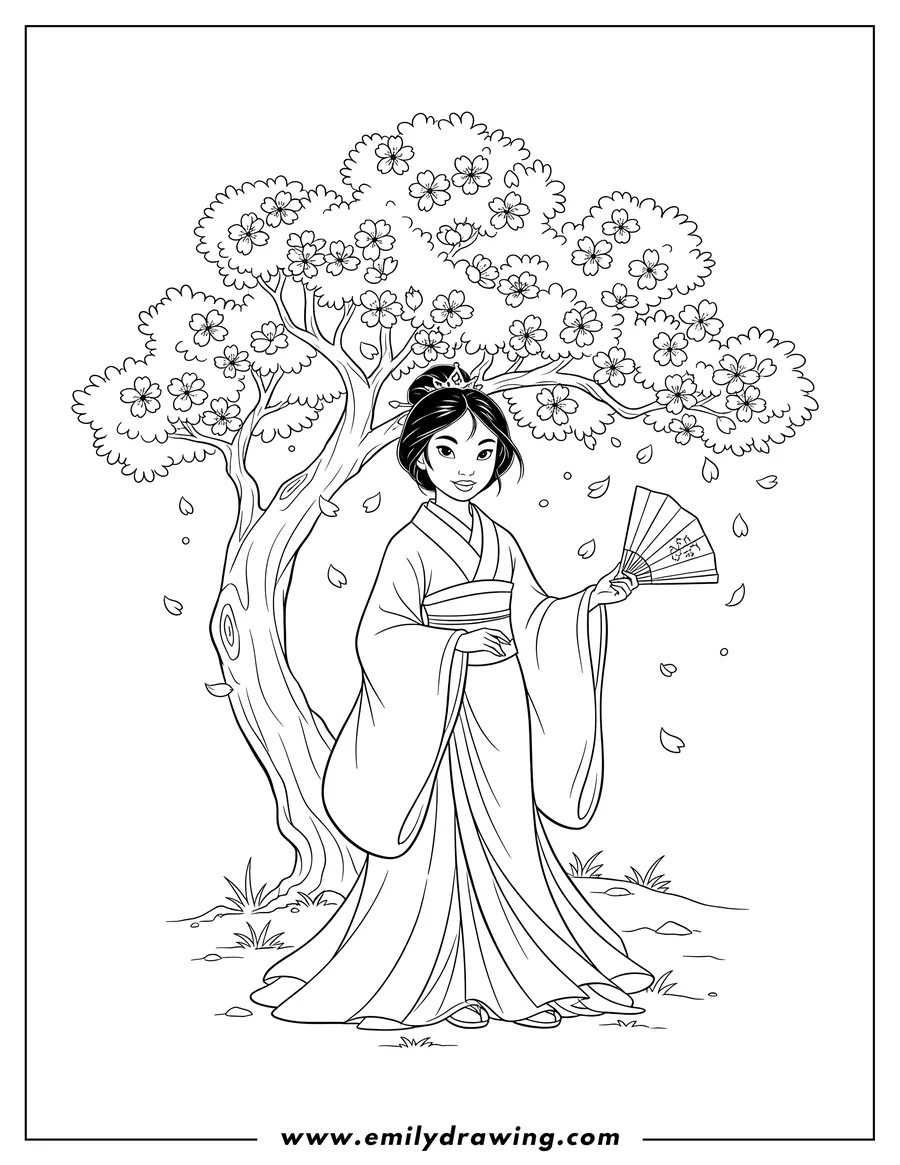 Coloring sheet featuring young Mulan Under Cherry Blossom, wearing a kimono-style dress and a crown, standing
