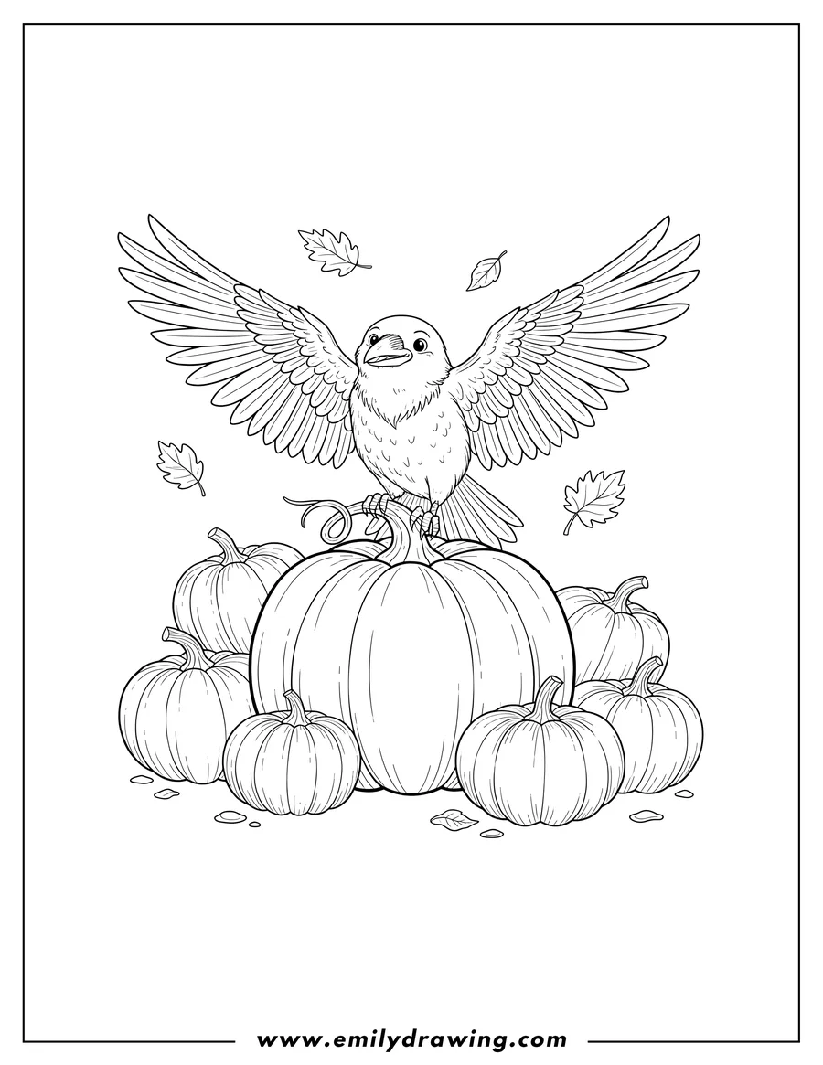 High quality printable young Raven perched on a pumpkin with wings spread, among autumn pumpkins for coloring