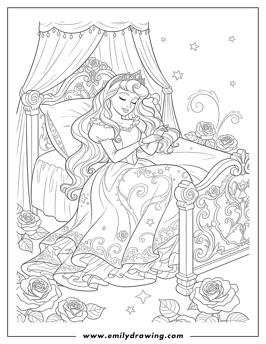 High quality printable young Sleeping Beauty Aurora with a crown, smiling, and wearing a princess dress for coloring