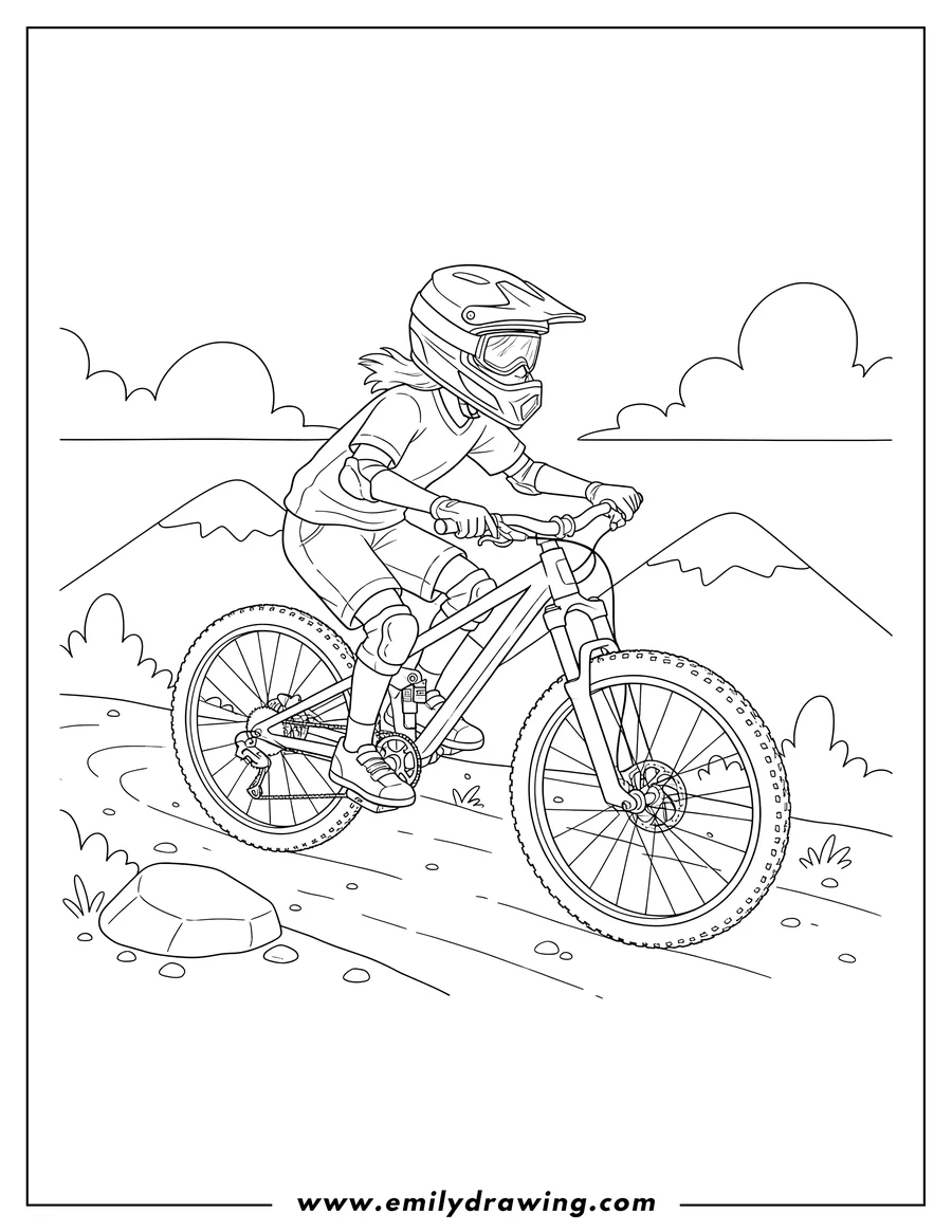 Downloadable coloring page of young Talent Downhill Tues Mountain Bicycle, line art, side profile