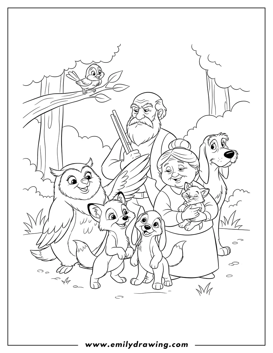 Coloring page of young Tod and Copper smiling, with Big Mama, Widow Tweed holding a cat, Amos Slade holding a rifle, Chief, and Dinky