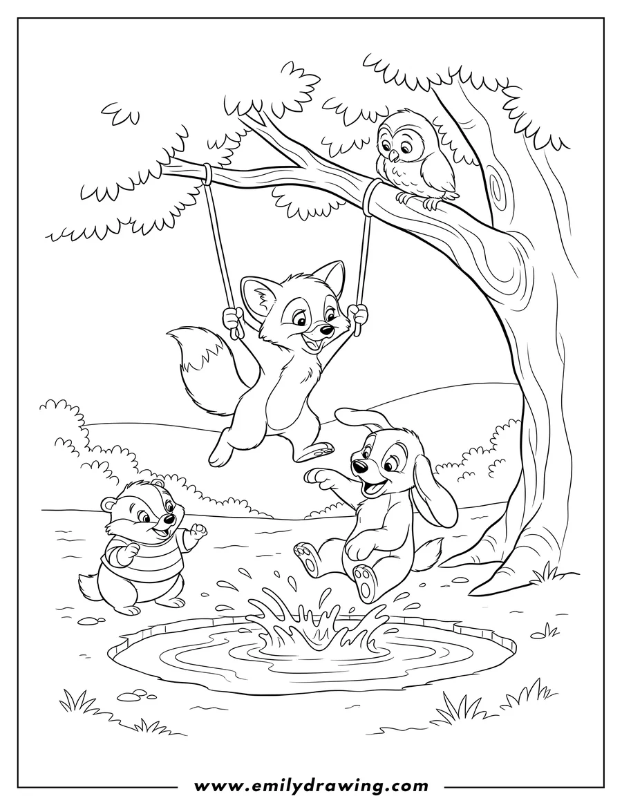 Coloring page for kids: young Todd and Copper playing with friends, with one splashing in a puddle and the other swinging from a tree