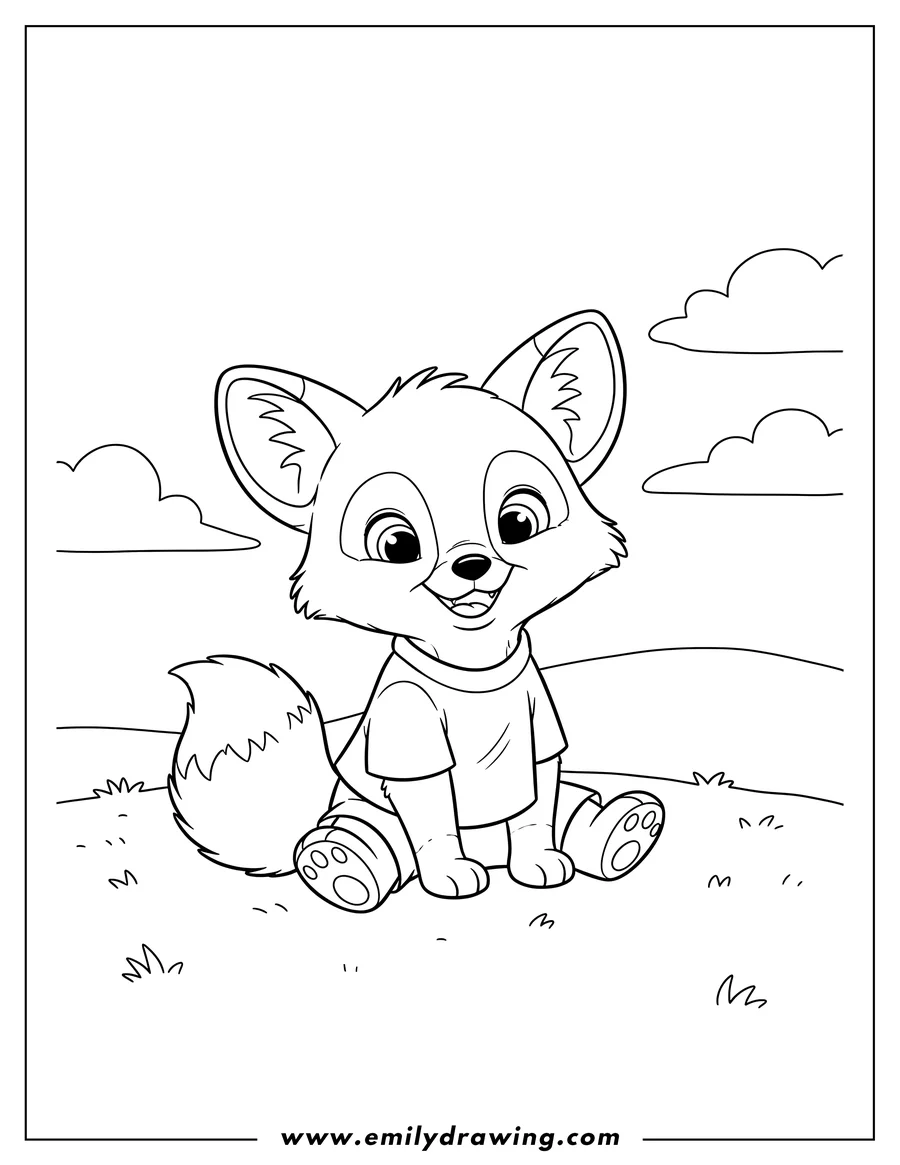 Outline drawing of young Todd the fox, sitting and smiling