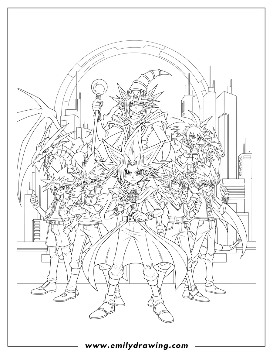 Coloring page for kids: yu Gi Oh Poster of multiple protagonists with their signature monsters in a group pose