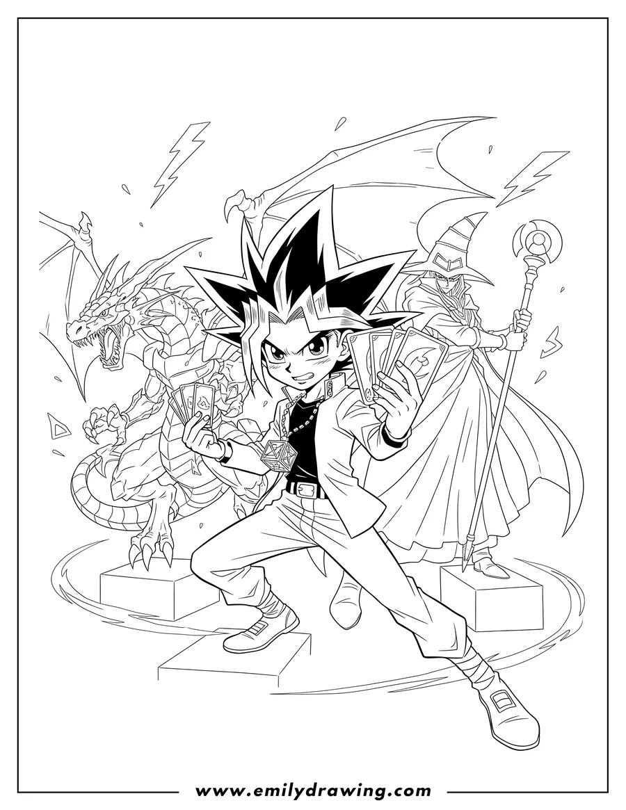 Coloring sheet featuring yugi Mutou playing cards in a Duel Monsters game, with Dark Magician and a fierce Dragon