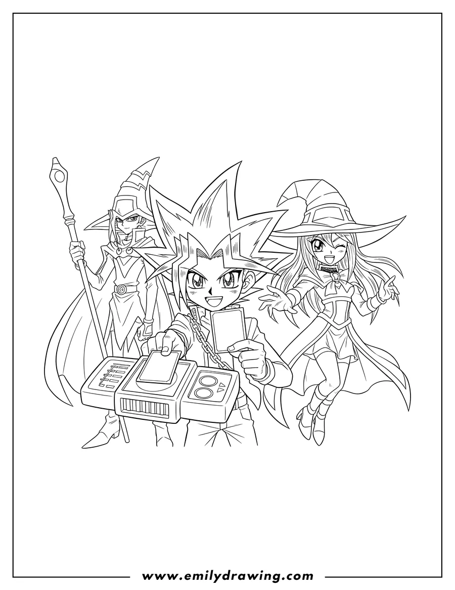 Downloadable coloring page of yugi Mutou with a Duel Disk and card, a smiling Dark Magician Girl, and Dark Magician