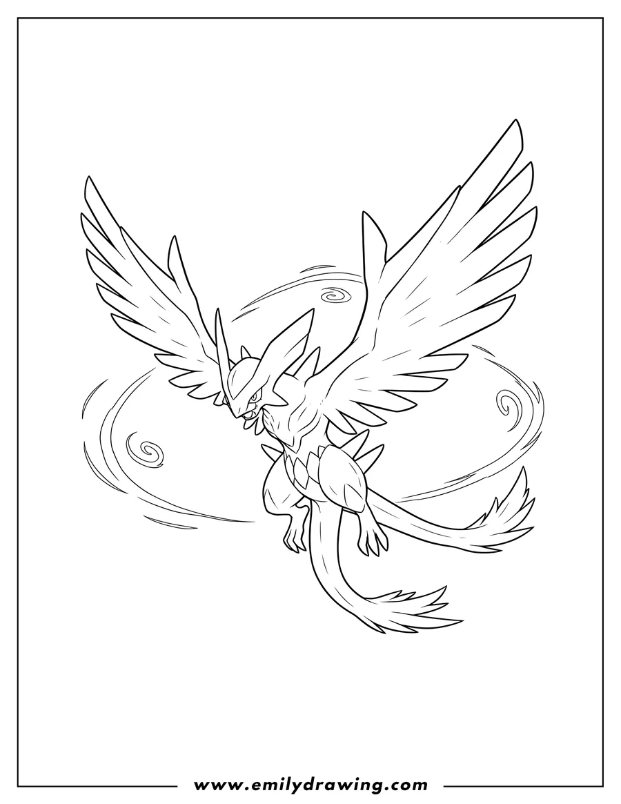 Coloring page of yveltal Legendary Pokemon Poster, flying with spread wings
