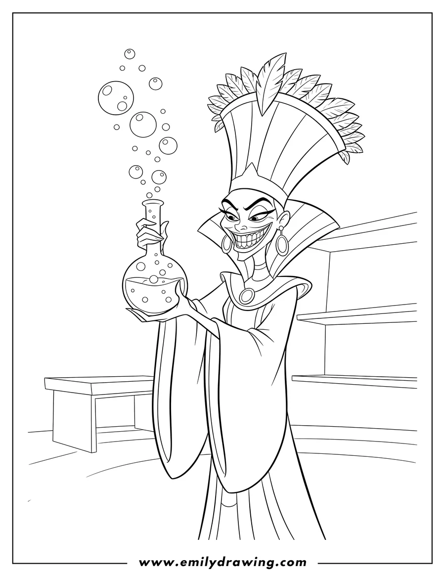 Outline drawing of yzma with a menacing grin holding a bubbling beaker