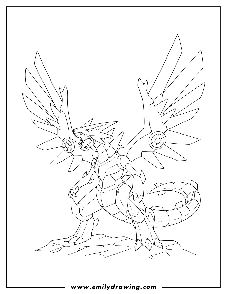 Coloring sheet featuring zekrom roaring with spread wings in a powerful stance