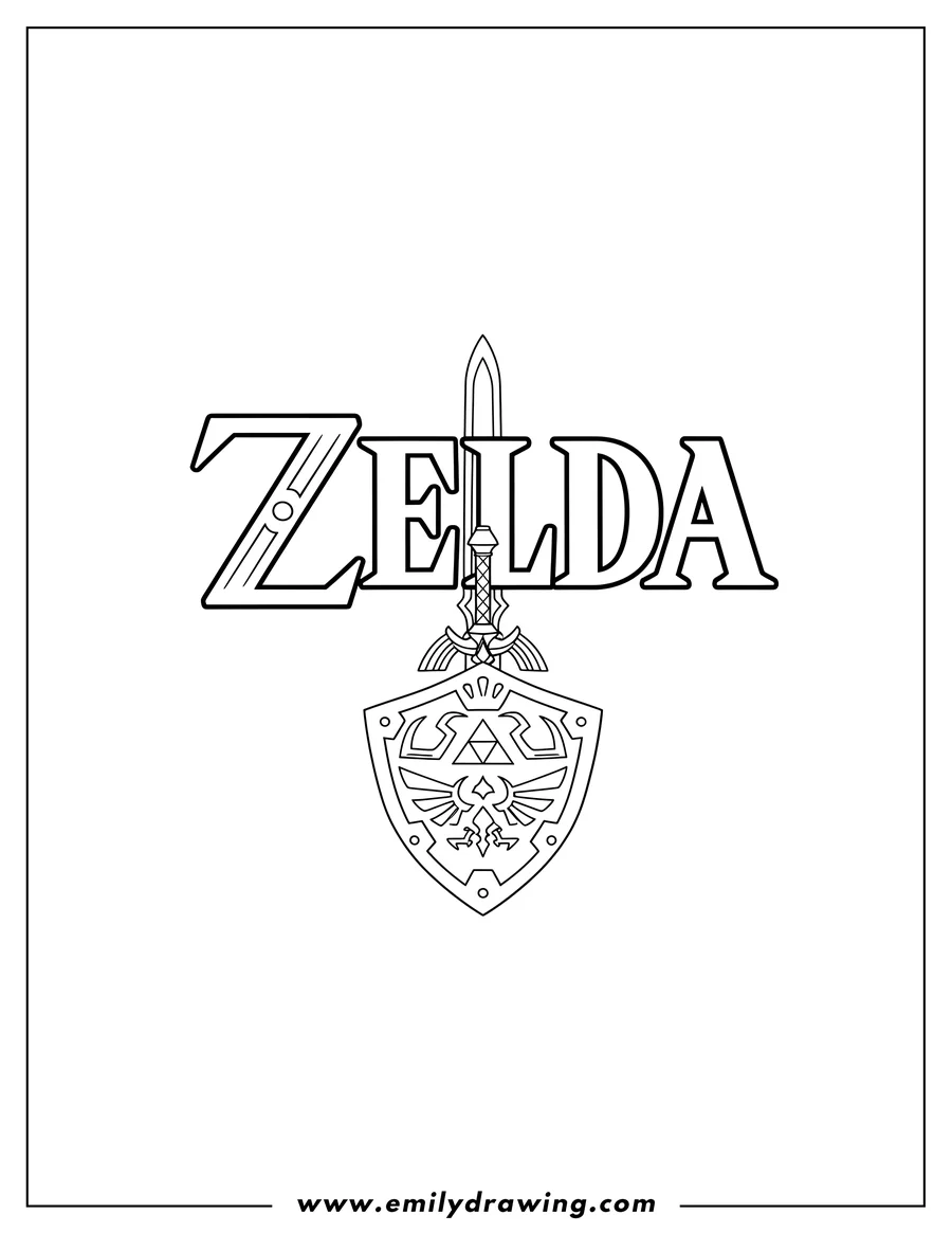 Free to print drawing of A coloring page featuring the Zelda logo with the Master Sword and Hylian Shield