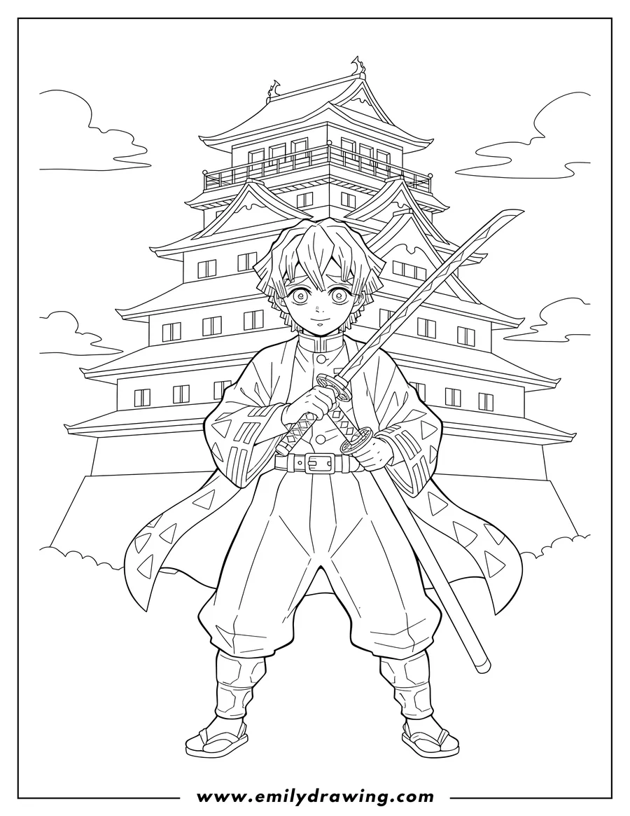 High quality printable zenitsu Agatsuma holding a katana and wearing his haori, in front of a castle for coloring