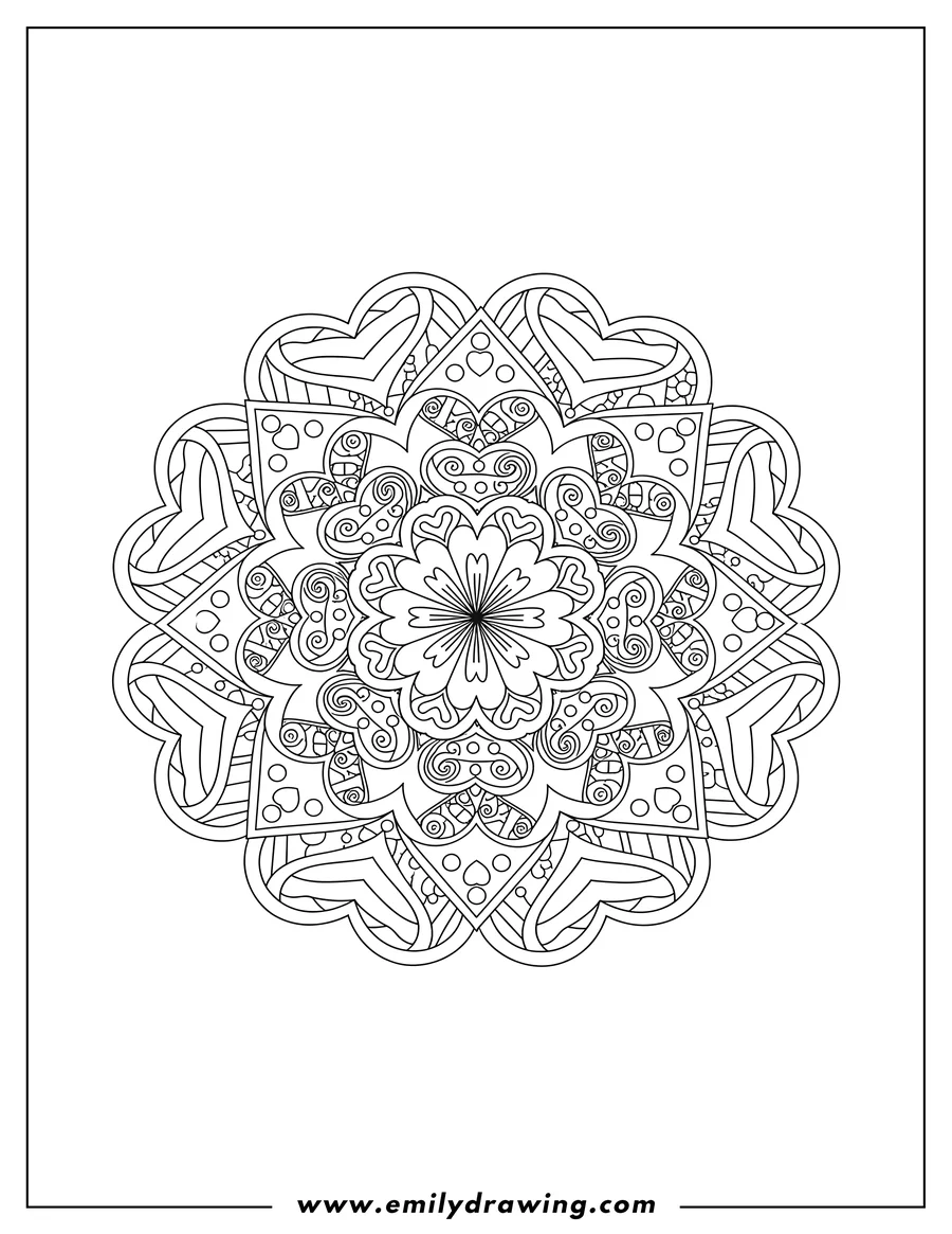 Printable coloring page of zentangle flower mandala with heart-shaped petals