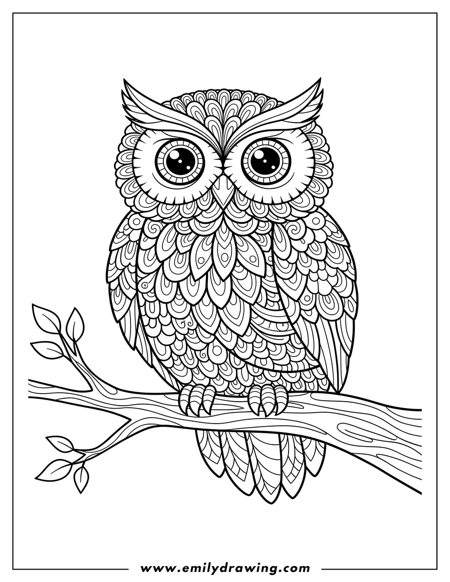 PDF style coloring page: zentangle owl with intricate patterns, facing forward, perched on a tree branch